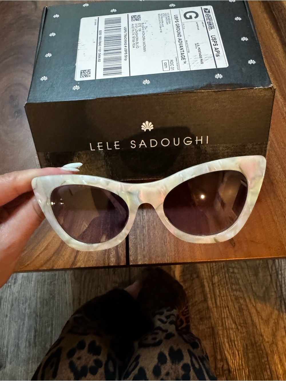 Lele Sadoughi Iridescent Pearl Cat Eye Sunglasses with Dark Lenses